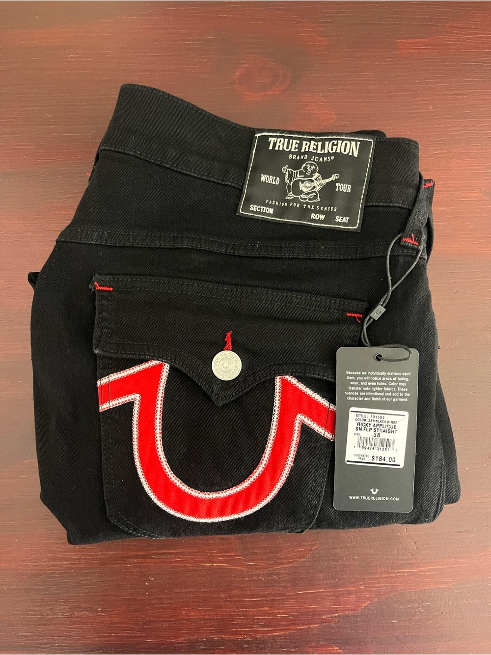 True Religion Ricky Appliqué SN Flap Straight “2SB Black Rinse” 38x30 #701654